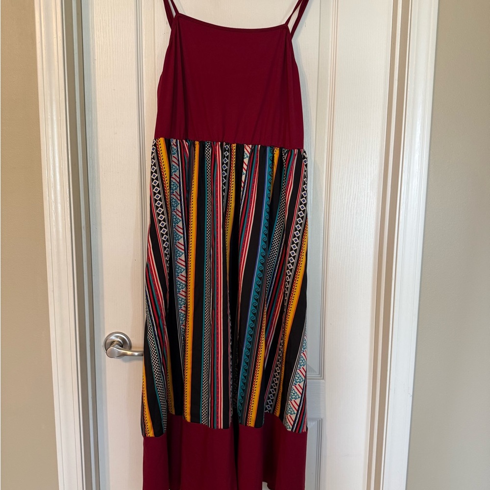 Women's Burgundy Strappy Maxi Dress with Colorful Stripe Skirt